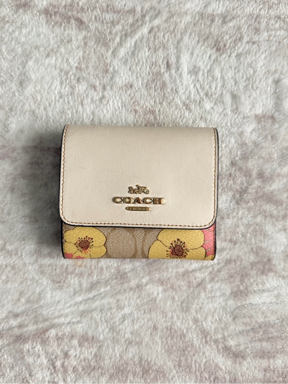 Coach Cream Floral Signature Bifold Wallet with Yellow Accents